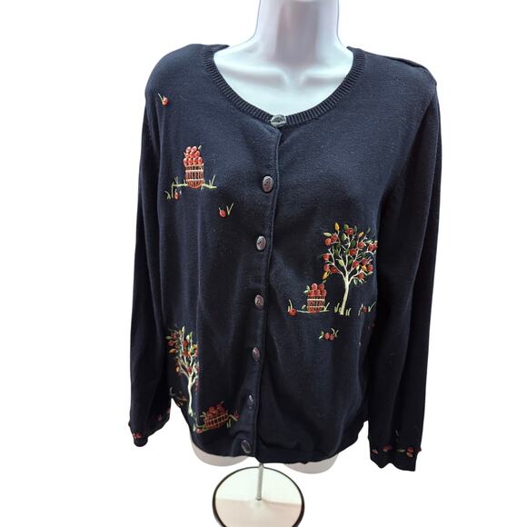 Christopher & Banks women L Blue Hand Embroidered Button Front Cardigans apples - Picture 1 of 6